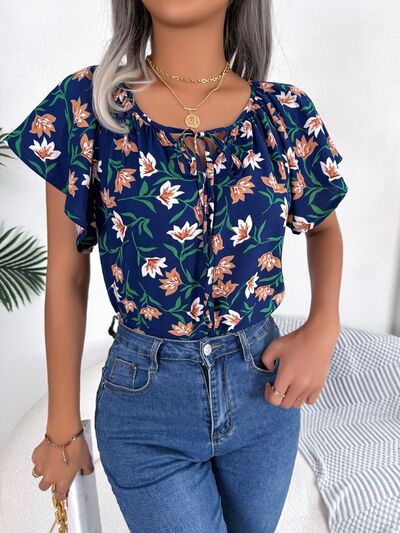 Floral Flutter Sleeve Tie Neck Blouse