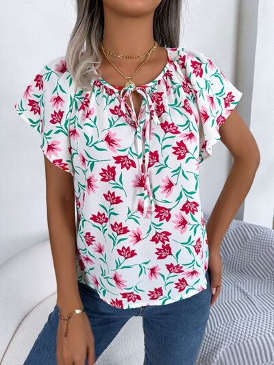 Floral Flutter Sleeve Tie Neck Blouse