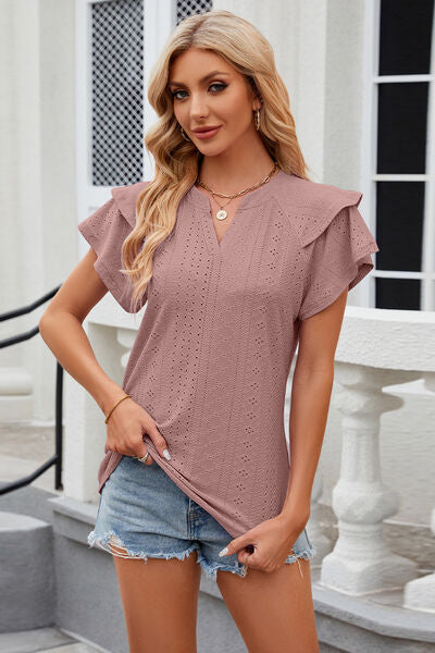 Notched Short Sleeve Eyelet T-Shirt