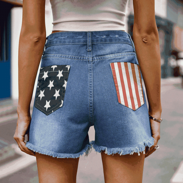 US Flag Distressed Denim Shorts with Frayed Hem