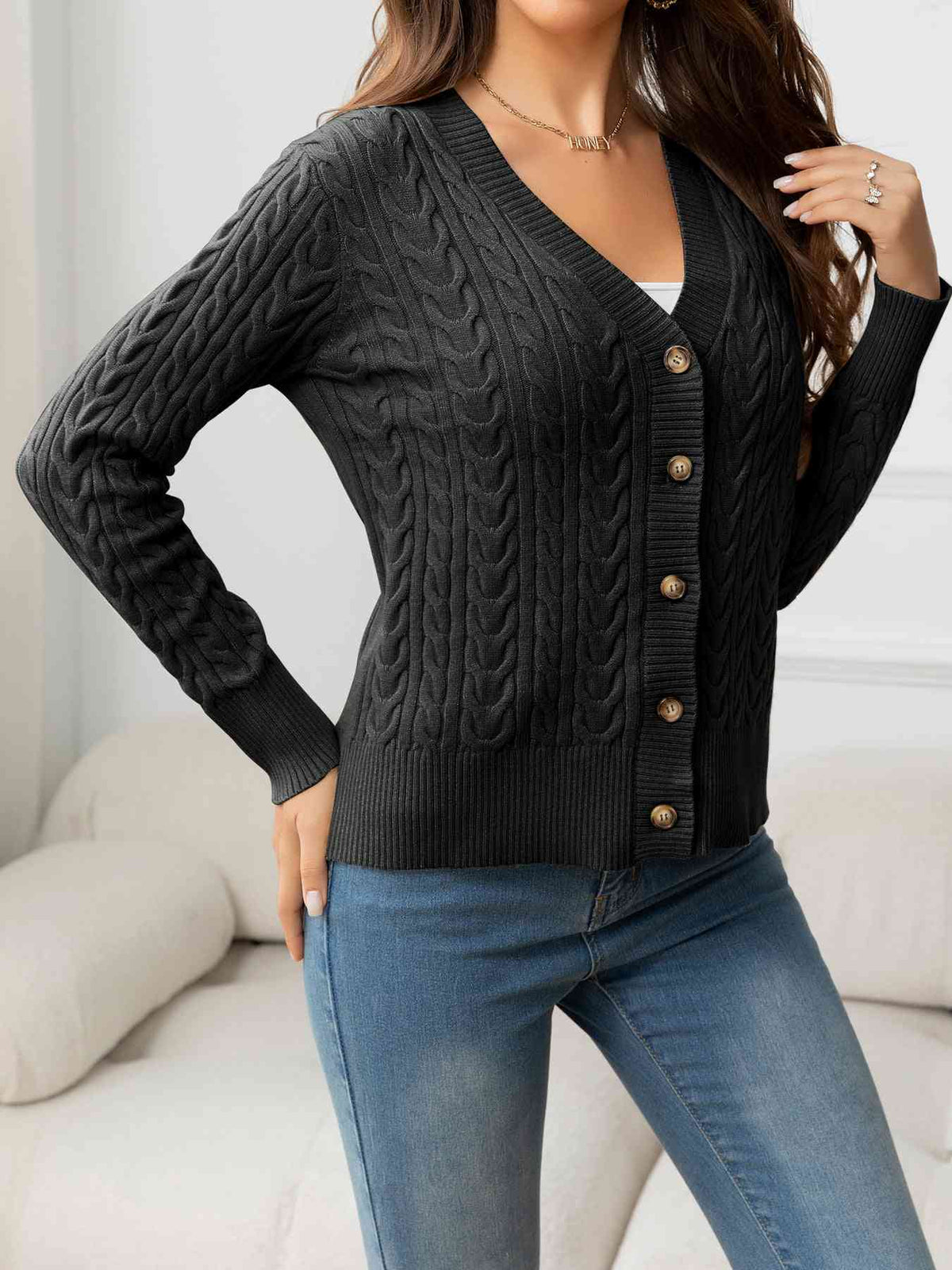 V-Neck Long Sleeve Cable-Knit Buttoned Knit Top