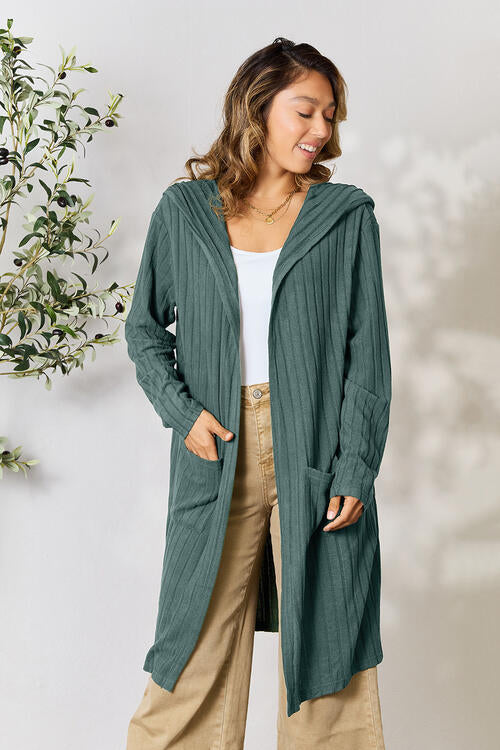 Full Size Ribbed Open Front Long Sleeve Cardigan