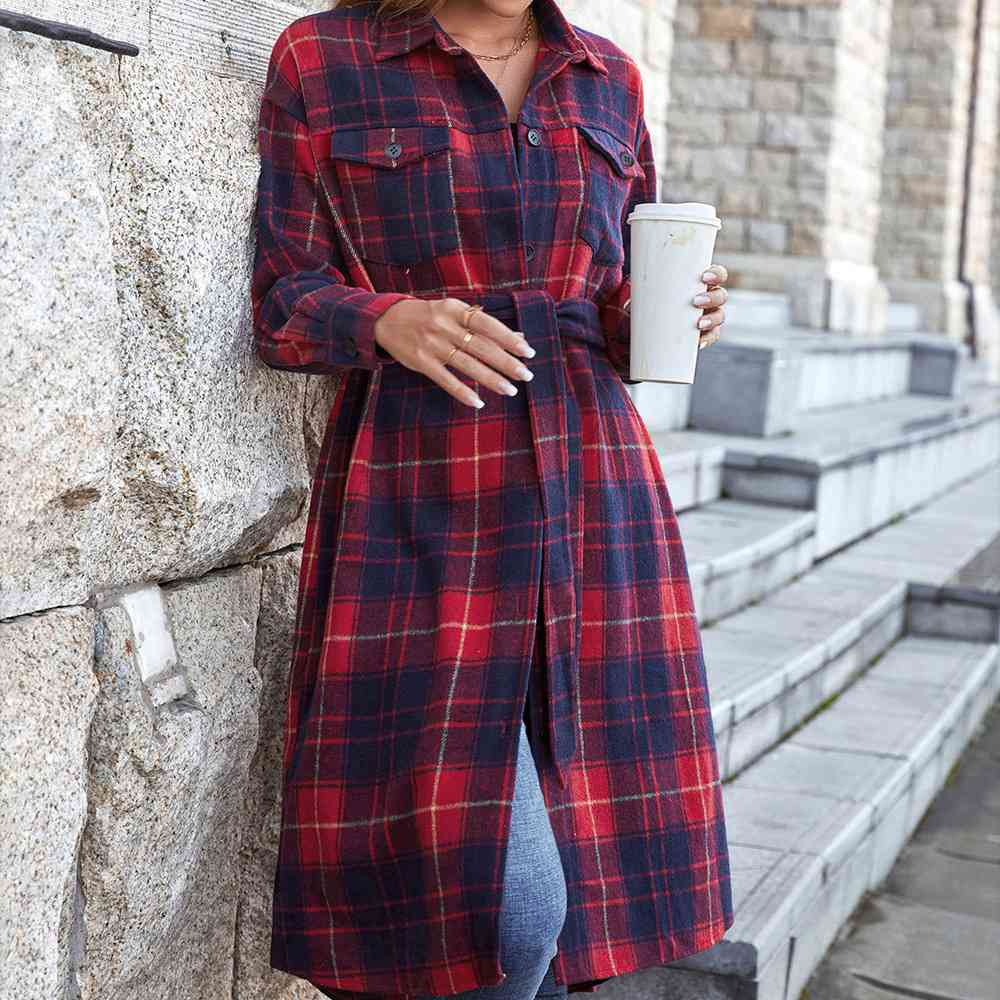 Plaid Belted Button Down Longline Shirt Jacket