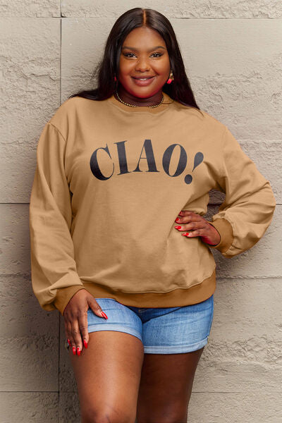 Full Size CIAO！Round Neck Sweatshirt