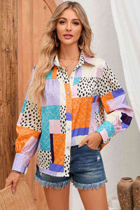 Patchwork Puff Sleeve Collared Shirt