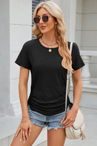 Eyelet Round Neck Short Sleeve T-Shirt