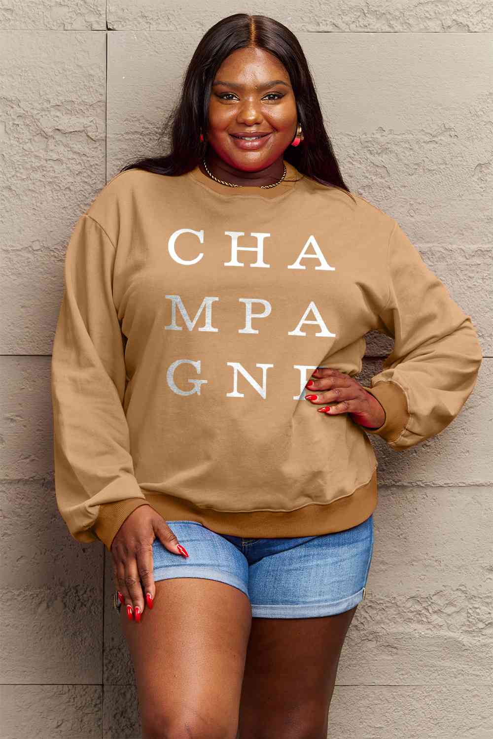 Full Size CHAMPAGNE Graphic Long Sleeve Sweatshirt