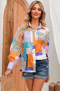 Patchwork Puff Sleeve Collared Shirt