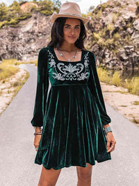 Embroidered Square Neck Long Sleeve Dress