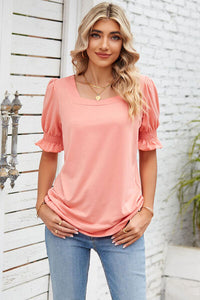 Smocked Square Neck Short Sleeve T-Shirt