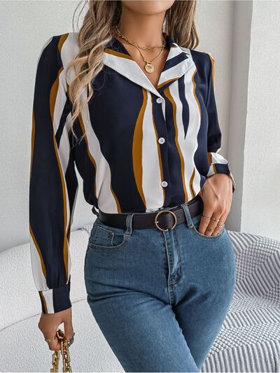 Striped Printed Button Up Long Sleeve Shirt