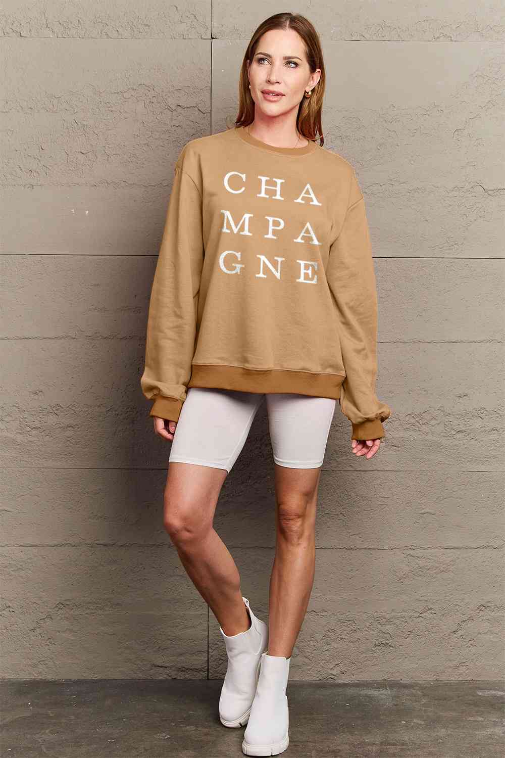 Full Size CHAMPAGNE Graphic Long Sleeve Sweatshirt