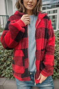 Full Size Plaid Long Sleeve Hooded Coat