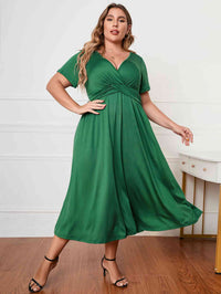 Plus Size Short Sleeve Surplice Neck Midi Dress