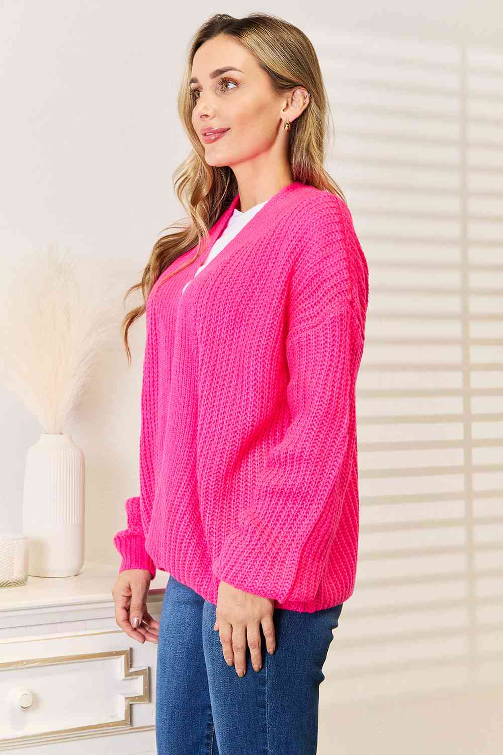 Rib-Knit Open Front Drop Shoulder Cardigan