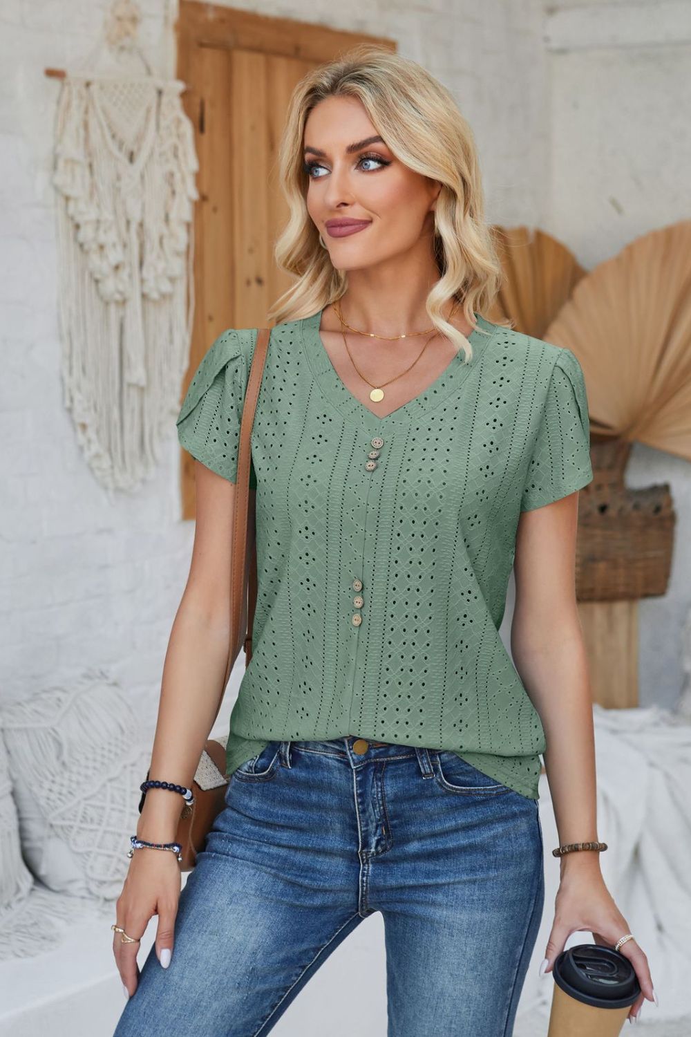 Decorative Button Eyelet V-Neck Short Sleeve T-Shirt