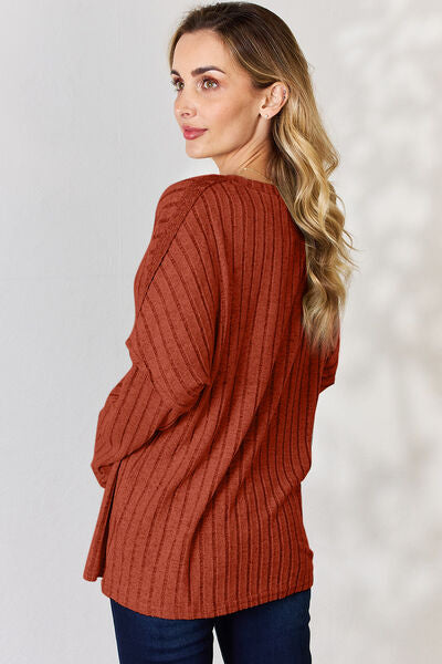 Full Size Ribbed Half Button Long Sleeve T-Shirt