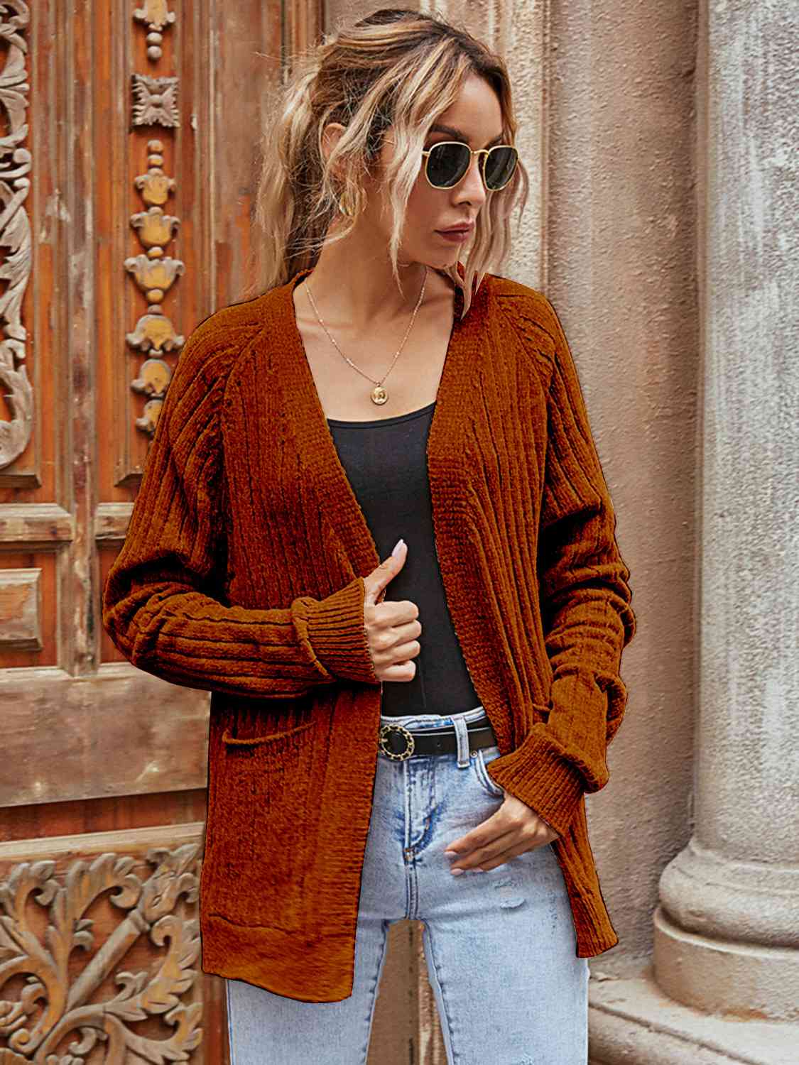 Ribbed Open Front Long Sleeve Cardigan with Pockets