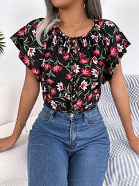 Floral Flutter Sleeve Tie Neck Blouse