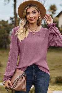 Eyelet Round Neck Flounce Sleeve T-Shirt