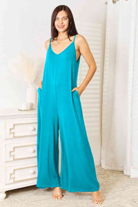 Double Take Full Size Soft Rayon Spaghetti Strap Tied Wide Leg Jumpsuit