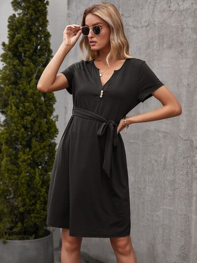 Tied Notched Short Sleeve Dress