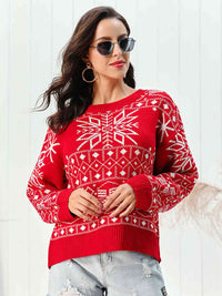 Snowflake Pattern Round Neck Sweater Red