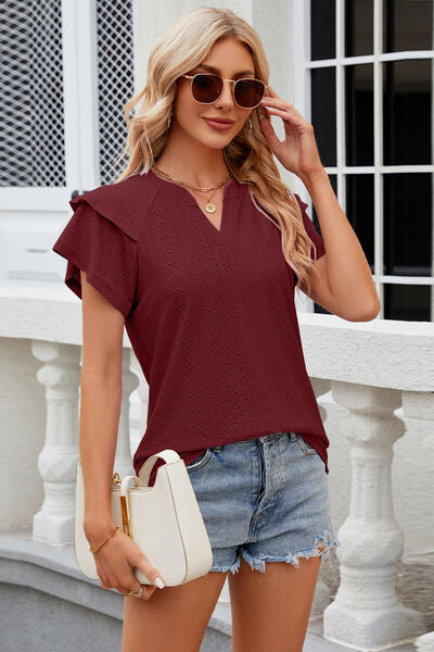 Notched Short Sleeve Eyelet T-Shirt