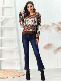 Snowflake Pattern Round Neck Sweater Chestnut