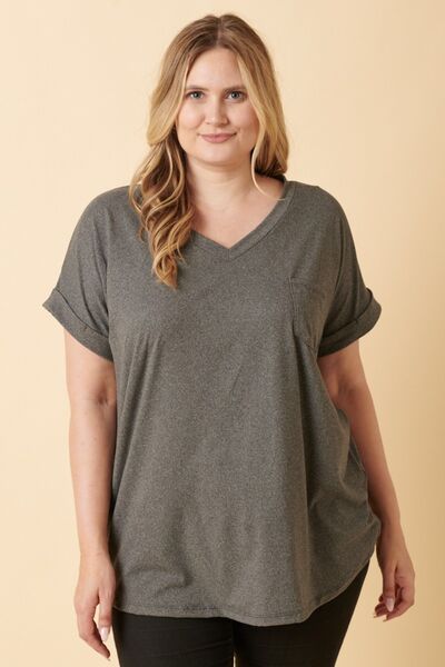 Full Size V-Neck Rolled Short Sleeve T-Shirt