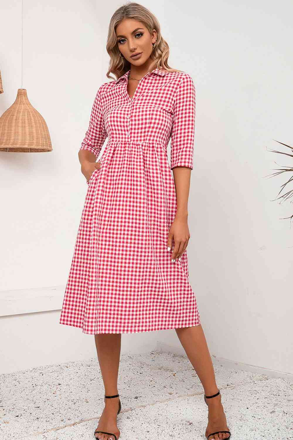 Plaid Collared Neck Midi Dress