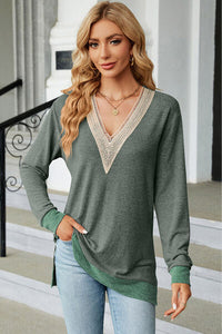 Slit V-Neck Long Sleeve T-Shirt