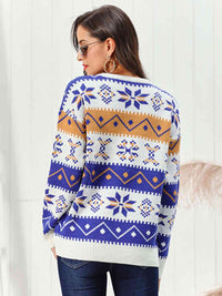 Snowflake Pattern Round Neck Sweater White