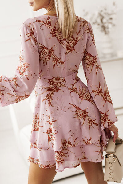 Mini Dress Printed Surplice Balloon Sleeve