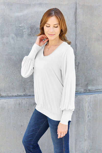 Full Size V-Neck Lantern Sleeve Top