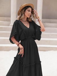 Tassel Trim Smocked V-Neck Short Sleeve Dress