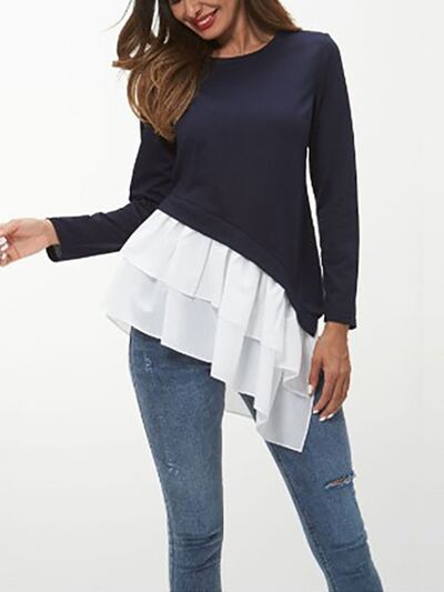 Tiered Contrast Round Neck Long Sleeve T-Shirt