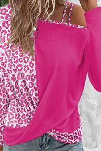 Leopard Asymmetrical Neck Long Sleeve Blouse