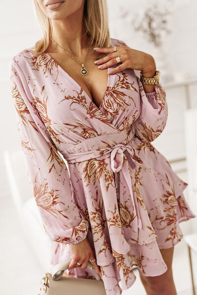 Mini Dress Printed Surplice Balloon Sleeve