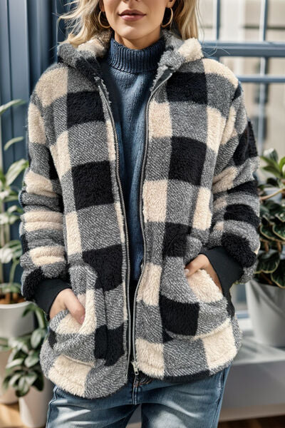 Full Size Plaid Long Sleeve Hooded Coat