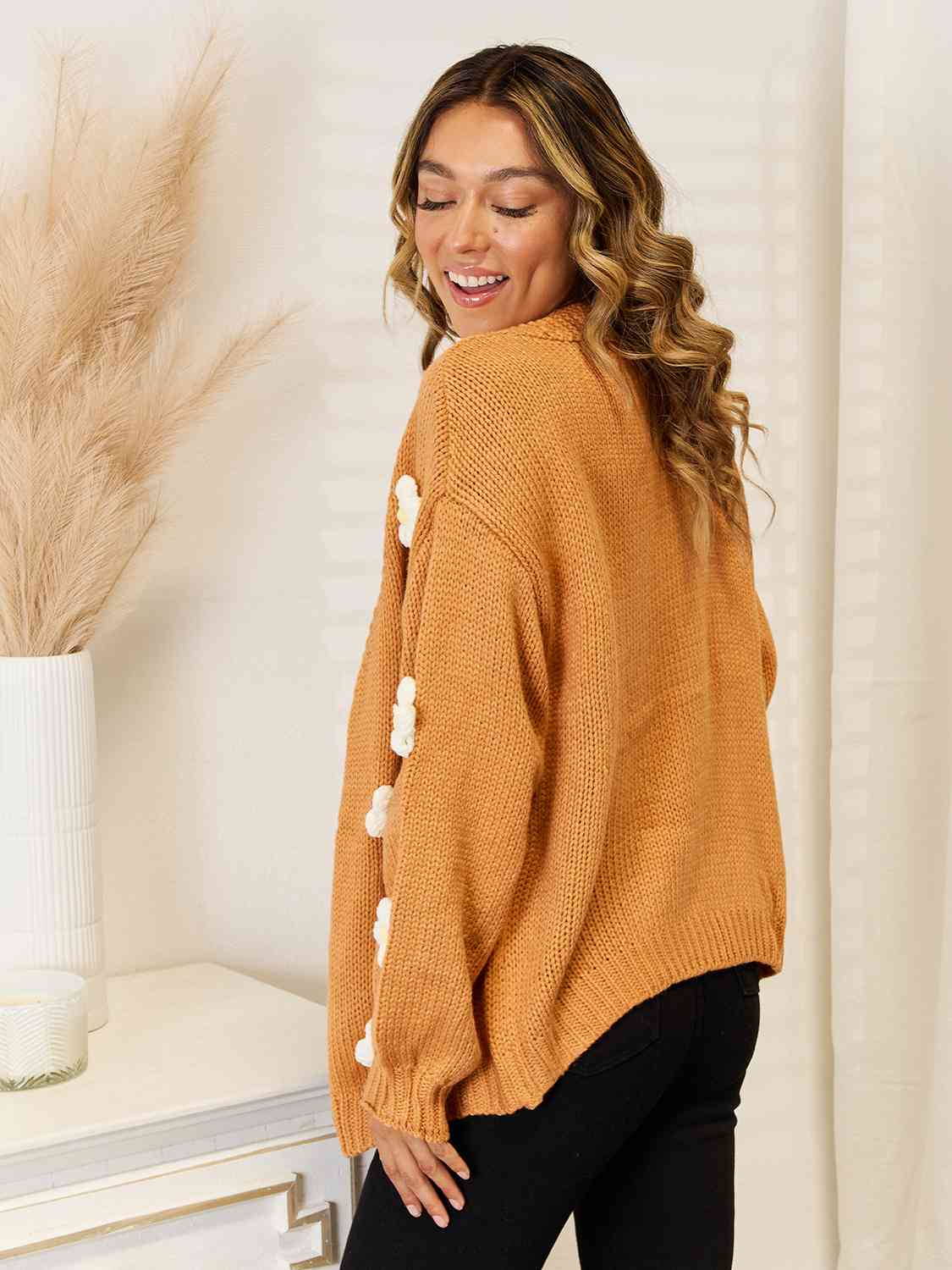 Flower Dropped Shoulder Open Front Cardigan