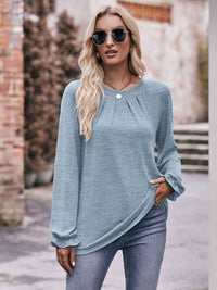 Long Flounce Sleeve Round Neck Blouse