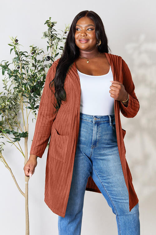 Full Size Ribbed Open Front Long Sleeve Cardigan