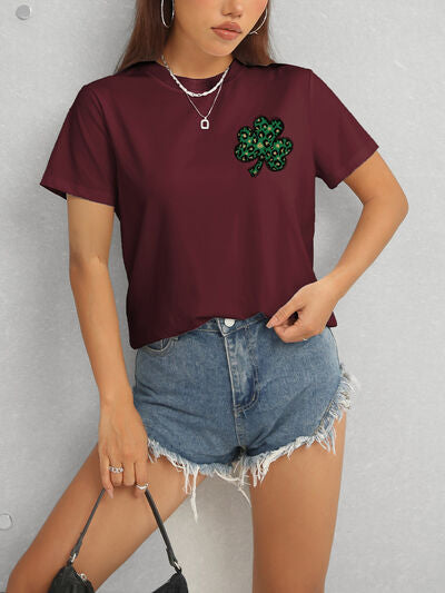 Lucky Clover Round Neck Short Sleeve T-Shirt