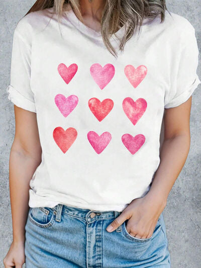 Heart Round Neck Short Sleeve T-Shirt - White