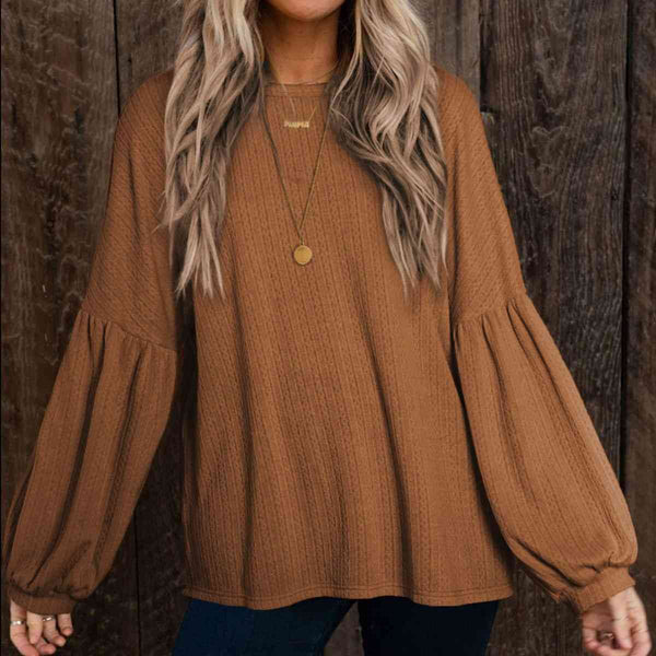 Round Neck Long Sleeve Ruched Blouse