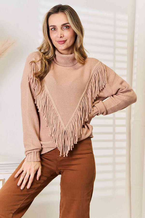 Turtleneck Fringe Front Long Sleeve Sweater