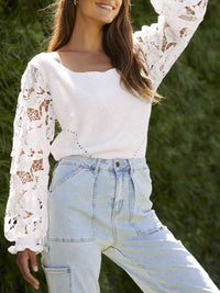 Ribbed Lace Trim Flounce Sleeve Knit Top