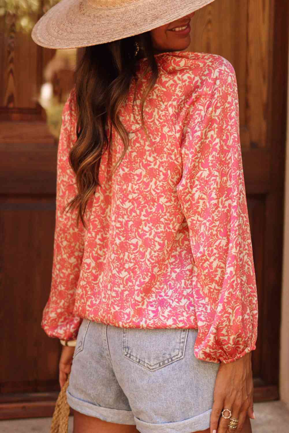 Floral Tie Neck Balloon Sleeve Shirt