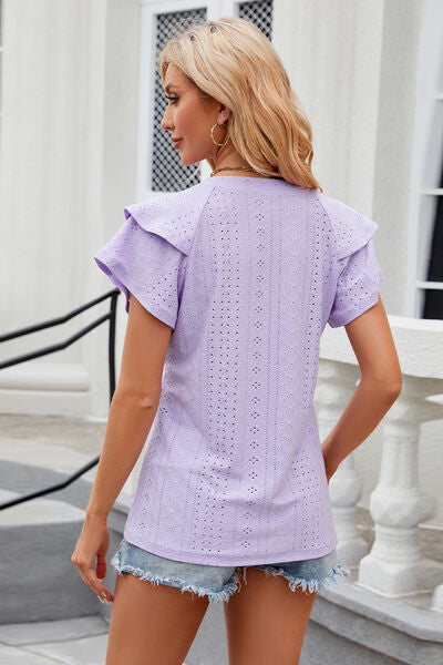 Notched Short Sleeve Eyelet T-Shirt